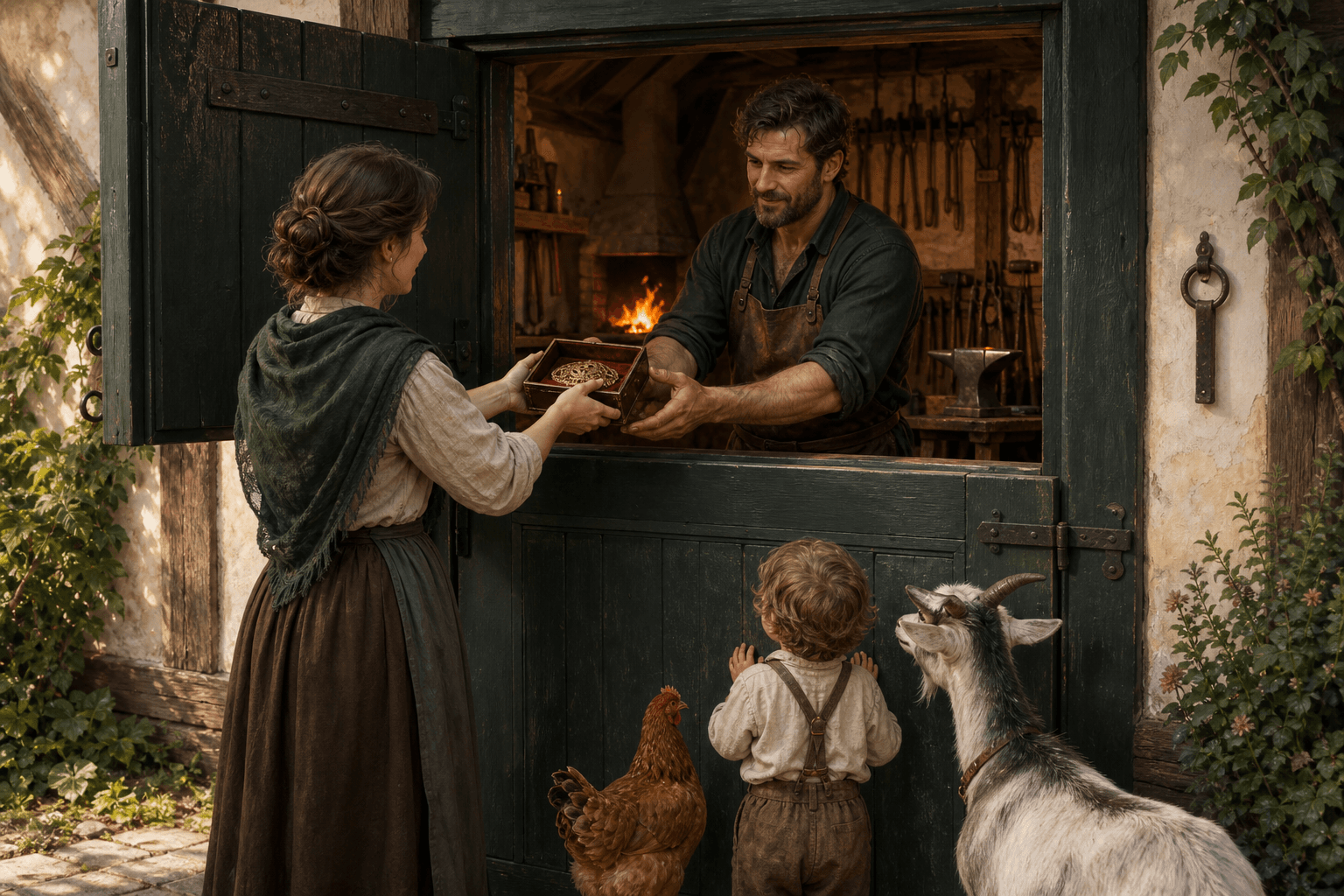 A woman passes a valuable box to a blacksmith through the open top of a Dutch door while its closed lower half keeps a child, chicken, and goat outside.